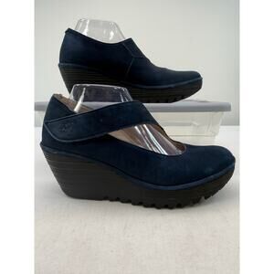 Fly London Blue Leather Mary Jane Wedges EU 40 Lagenlook Chunky Platform Heels